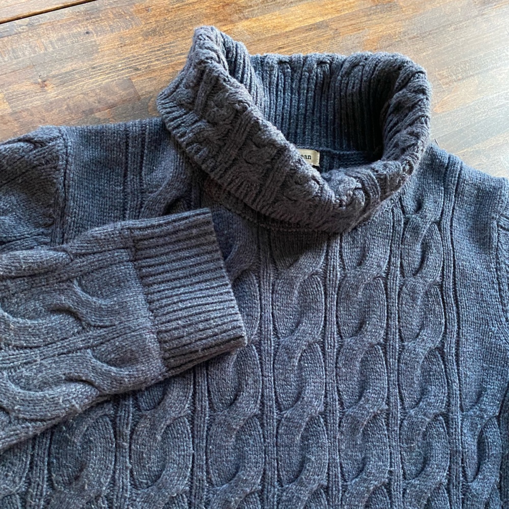 Vintage LL Bean Cable Knit Turtle Neck Wool Fisherman Sweater Women XL Blue Y2K